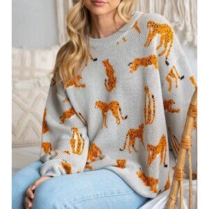 White Birch Womens LARGE Sweater With Cheetahs Oversized Comfy Slouchy Crew Neck